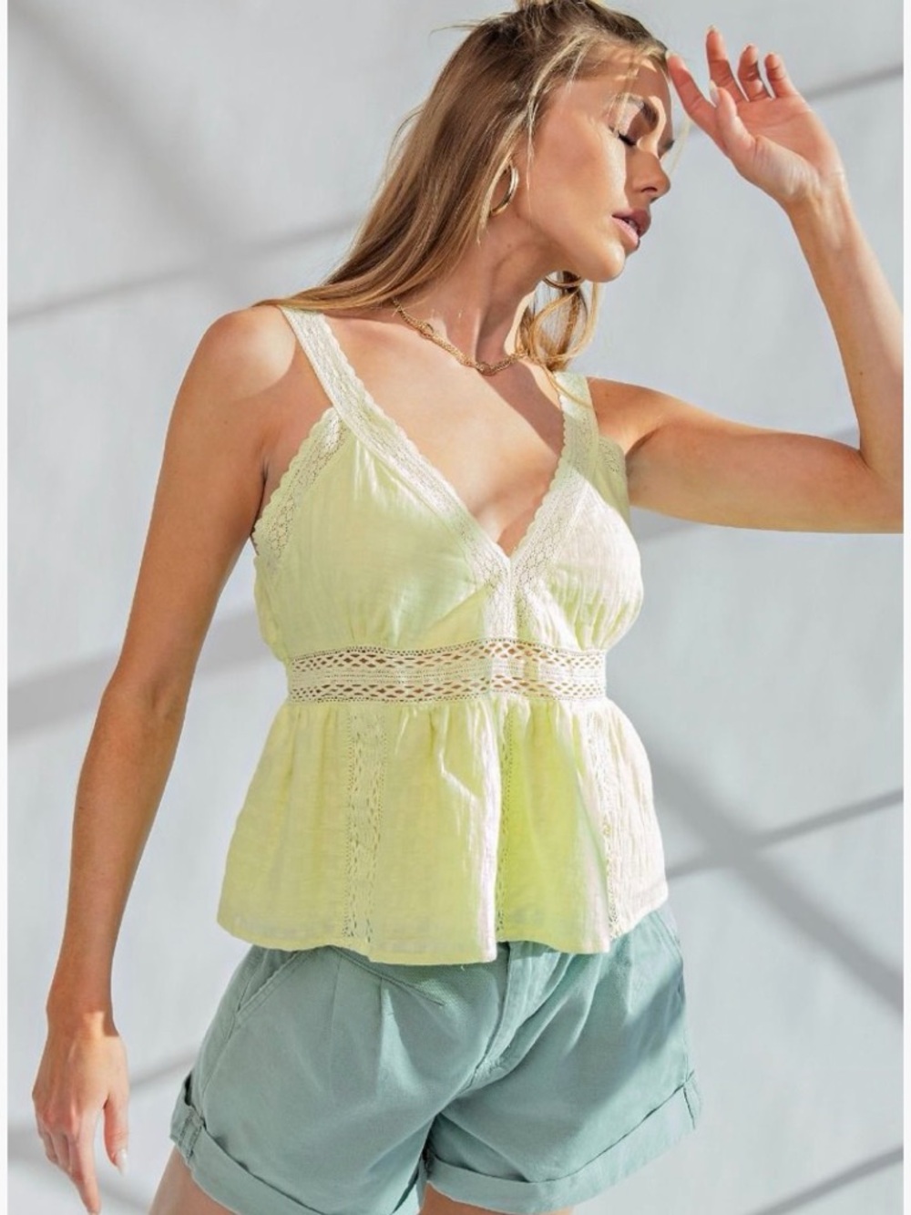Easel  Pale Lemon Lace-Trim Peplum Camisole NWT